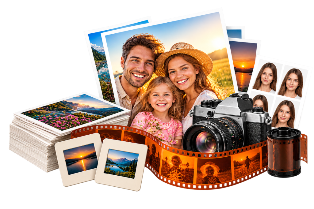 Odbitki zdjęć, rodzinna fotografia, aparat analogowy, klisza, slajdy i zdjęcia legitymacyjne